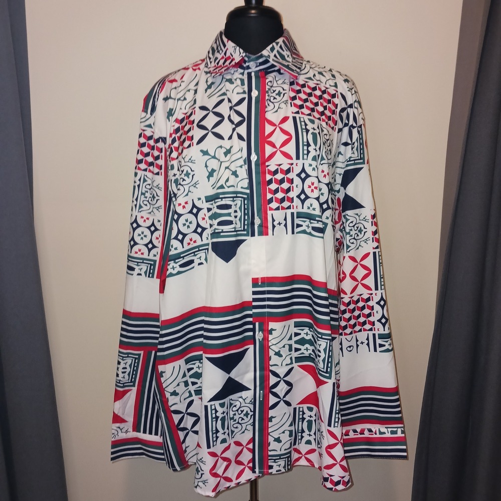 OrderPlus 3XL Long Sleeve Button Down Shirt Blouse Tunic Top Patchwork Geo Print